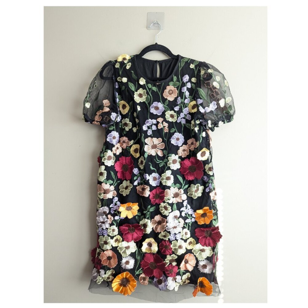 SHEIN Black Mini Dress with Multicolor Floral Embroidery